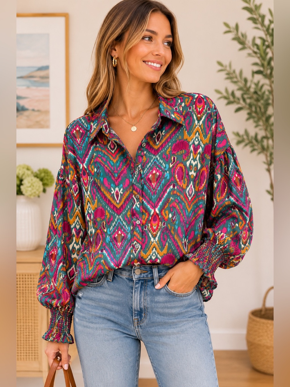 entro Multicolor Ikat Print Button-Up Blouse - Pink, Teal, Mustard